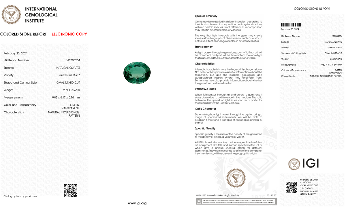 IGI Certified Natural Green Quartz | 2.74 Carat Oval Cut | Deep Green Transparent Gemstone