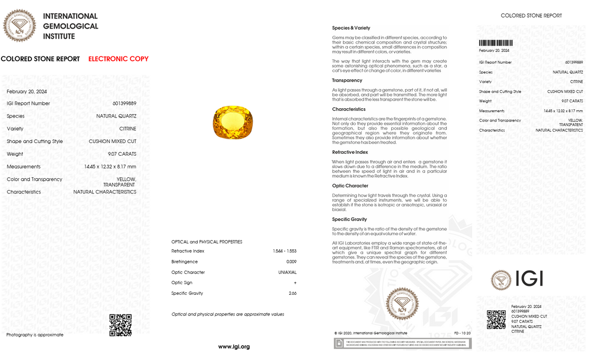 IGI Certified Golden Citrine | 9.07 Carat Cushion Cut | Elegant Everyday Luxury Gem