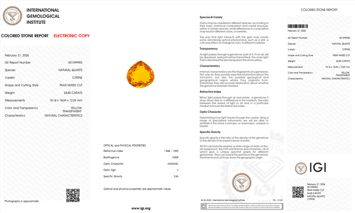 IGI Certified Golden Pear Citrine | 24.40 Carat | Elegant Statement Gem