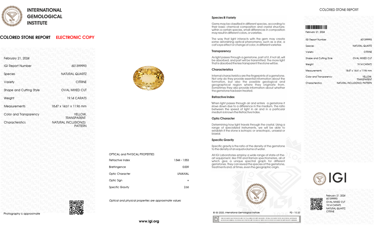 IGI Certified Premium Golden Citrine | 19.14 Carat Oval Cut | High Brilliance Statement Gem