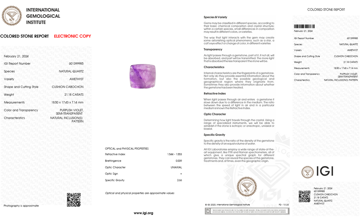 IGI Certified Natural Amethyst Quartz | 21.18 Carat Cushion Cabochon | Artistic Purple Gemstone