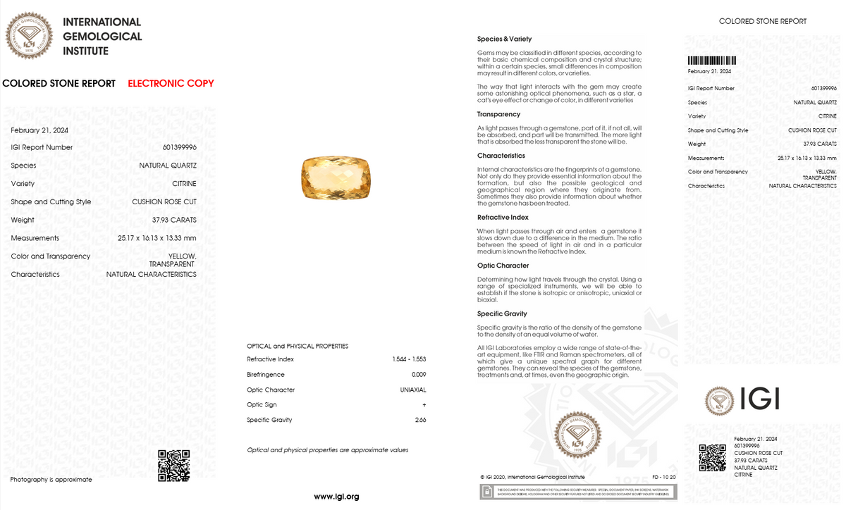 IGI Certified Natural Citrine Quartz | 37.93 Carat Cushion Rose Cut | Collector Size Golden Statement Gemstone