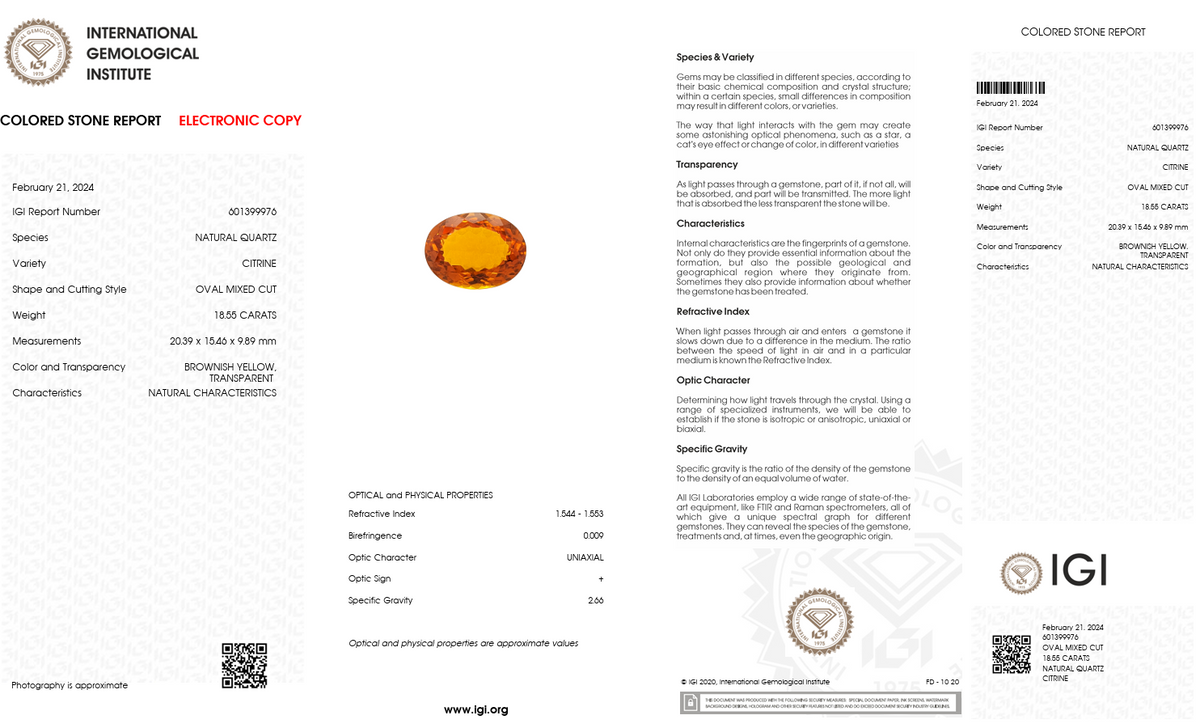 IGI Certified Deep Golden Citrine | 18.55 Carat Oval Cut | Warm Luxury Statement Gem