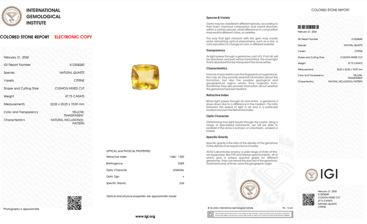 IGI Certified Extra Large Golden Citrine | 47.73 Carat Cushion Cut | Statement Luxury Gem