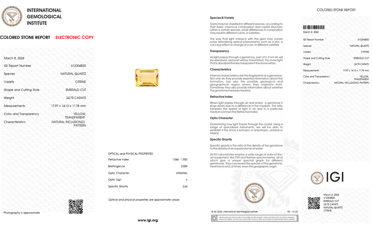 IGI Certified Golden Citrine Quartz | 24.75 Carat Emerald Cut | Statement Luxury Gem