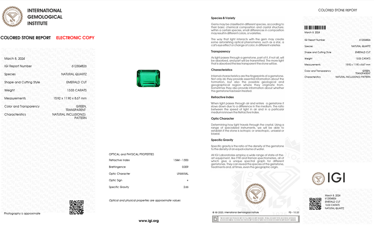 IGI Certified Natural Green Quartz | 13.03 Carat Emerald Cut | Vibrant Green Gemstone