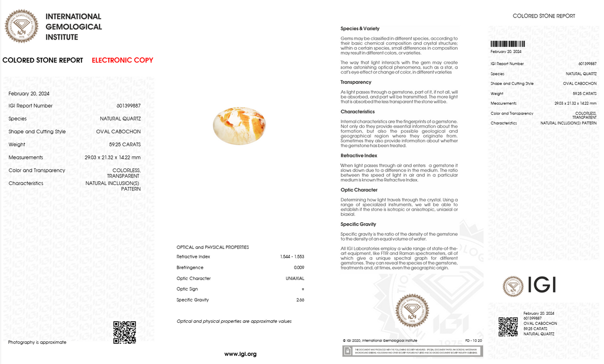 IGI Certified Natural Quartz Cabochon | 59.25 Carat Collector Stone | Unique Inclusion Pattern