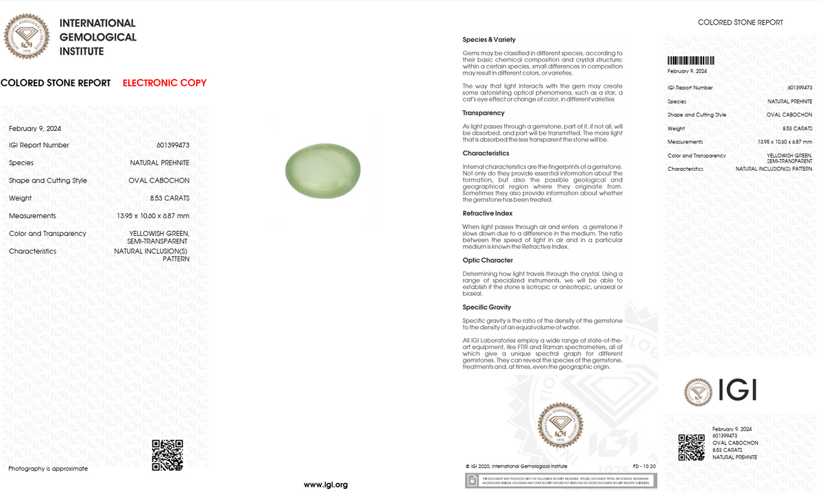 IGI Certified Natural Prehnite | 8.53 Carats Oval Cabochon | Yellowish Green Luxury Gemstone-Saleh Sallom