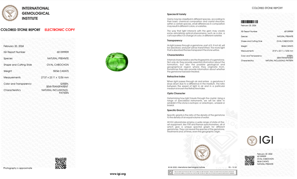IGI Certified Natural Prehnite | 58.54 Carats Oval Cabochon | Collector Statement Gemstone-Saleh Sallom