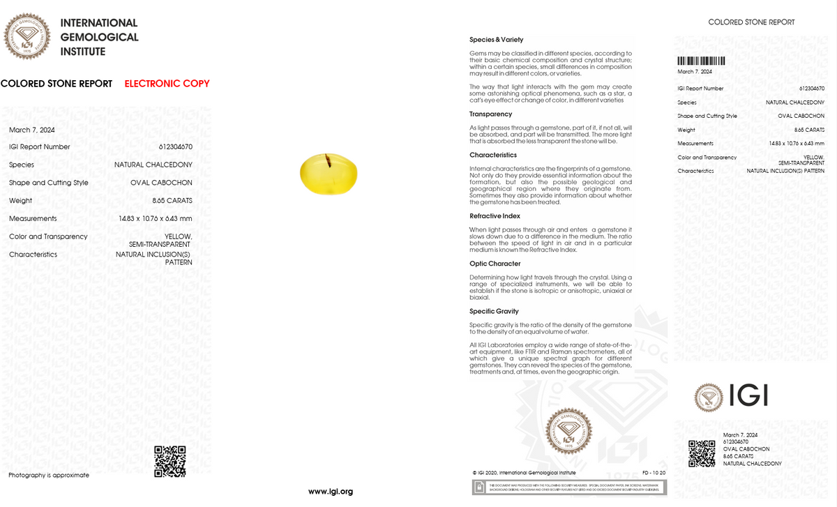 IGI Certified Natural Yellow Chalcedony | 8.65 Carats Oval Cabochon | Luxury Collector Gemstone-Saleh Sallom