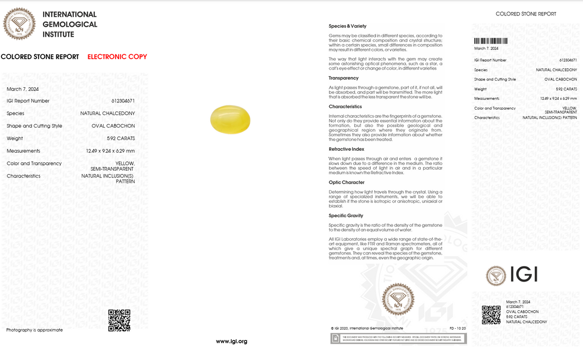 IGI Certified Natural Yellow Chalcedony | 5.92 Carats Oval Cabochon | Elegant Collector Gemstone-Saleh Sallom