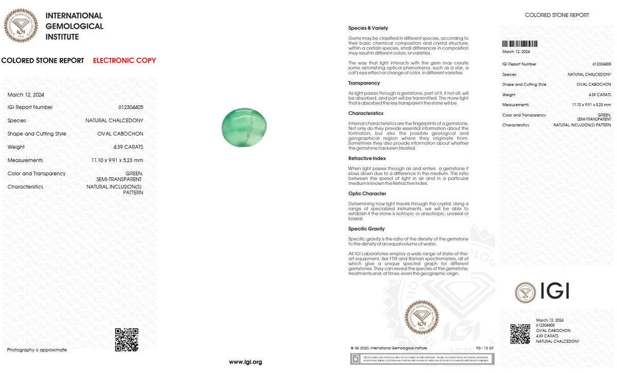 IGI Certified Natural Green Chalcedony | 4.39 Carats Oval Cabochon | Elegant Collector Gemstone-Saleh Sallom