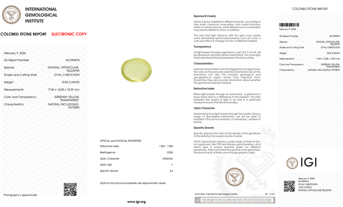 IGI Certified Natural Orthoclase Feldspar | 18.92 Carat Oval Cabochon | Greenish Yellow Gemstone-Saleh Sallom
