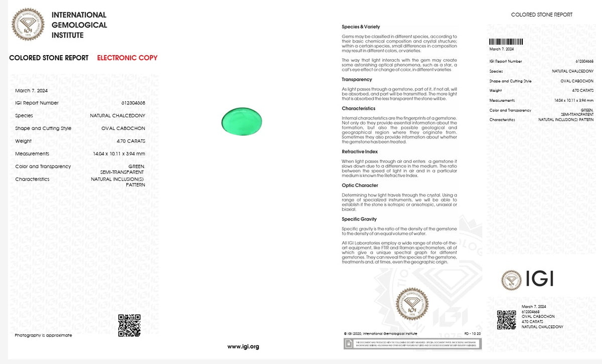 IGI Certified Natural Green Chalcedony | 4.70 Carats Oval Cabochon | Elegant Gemstone-Saleh Sallom