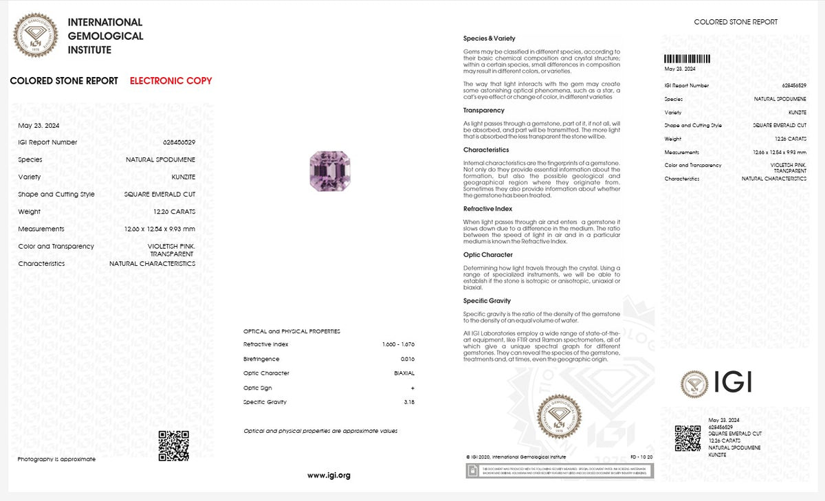 IGI Certified Natural Kunzite | 12.26 Carats Square Emerald Cut | Violetish Pink Luxury Gemstone-Saleh Sallom