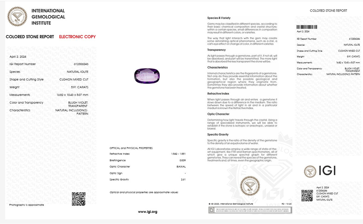 IGI Certified Natural Iolite | 5.91 Carats Cushion Mixed Cut | Bluish Violet Luxury Gemstone-Saleh Sallom