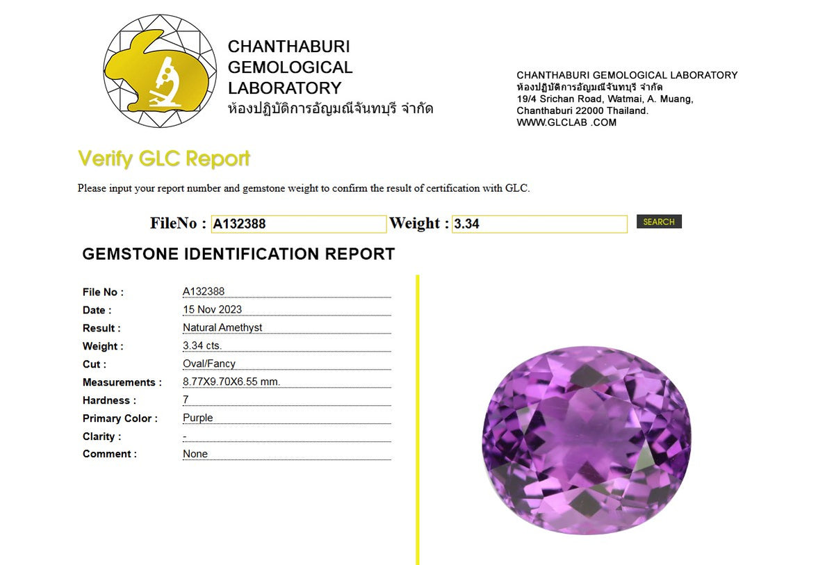 GLC Certified Natural Amethyst | 3.34 Carats Oval Fancy Cut | Purple Luxury Gemstone-Saleh Sallom