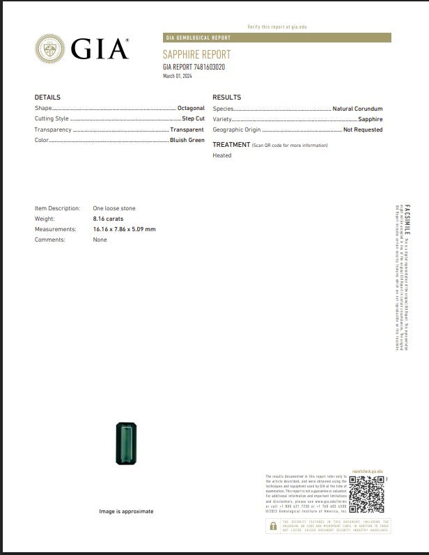GIA Certified Natural Bluish Green Sapphire | 8.16 Carats Octagonal Step Cut | Heated-Saleh Sallom