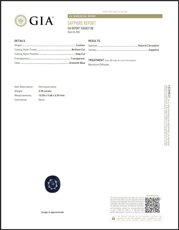 GIA Certified Natural Greenish Blue Sapphire | 5.90 Carats Cushion Mixed Cut | Beryllium Diffused-Saleh Sallom
