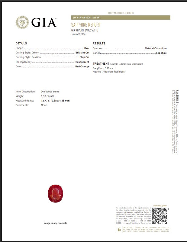 GIA Certified Natural Red-Orange Sapphire | 5.18 Carats Oval Mixed Cut | Beryllium Diffused Luxury Gemstone-Saleh Sallom
