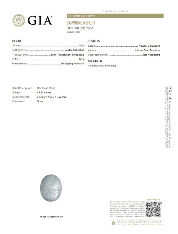 GIA Certified Natural Gray Star Sapphire | 49.51 Carat Oval Double Cabochon | Luxury Gemstone-Saleh Sallom