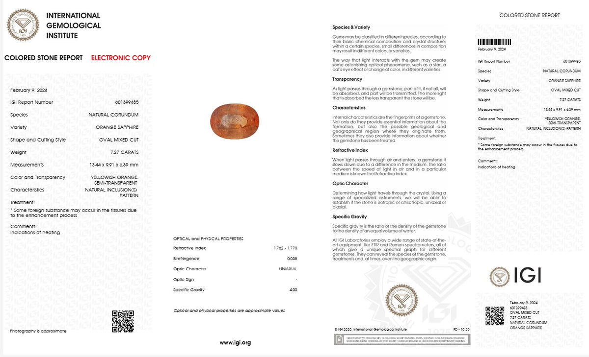 IGI Certified Natural Orange Sapphire | 7.27 Carat Oval Mixed Cut | Luxury Gemstone-Saleh Sallom