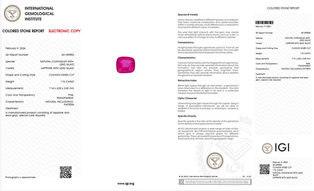 IGI Certified Pink Sapphire with Lead Glass Filling | 1.76 Carat Cushion Mixed Cut | Luxury Gemstone-Saleh Sallom