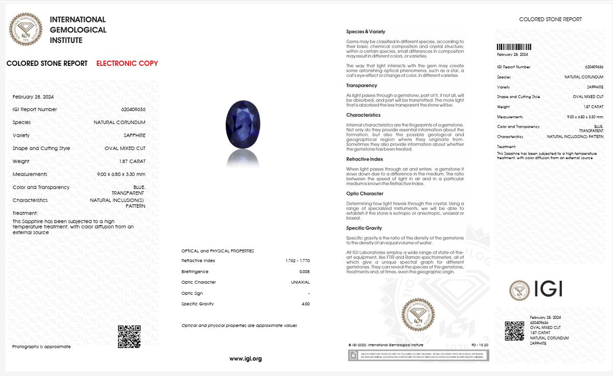 IGI Certified Natural Blue Sapphire | 1.87 Carat Oval Mixed Cut | Luxury Gemstone-Saleh Sallom