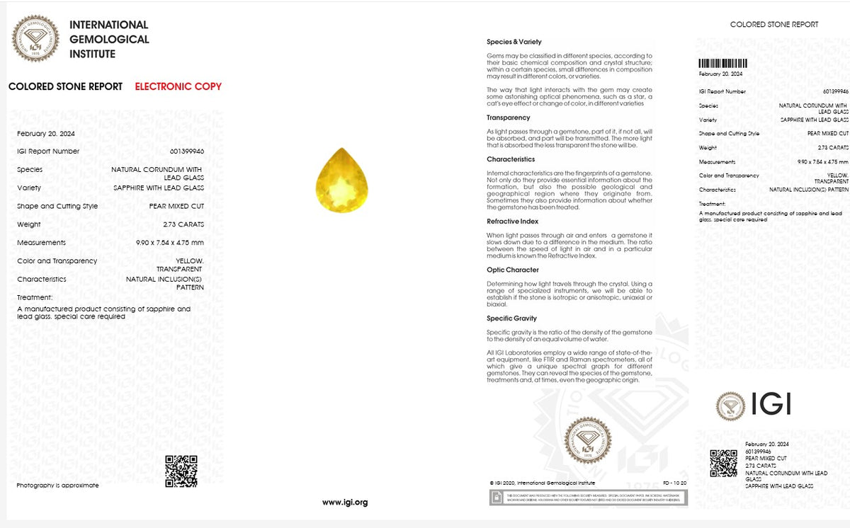 IGI Certified Yellow Sapphire with Lead Glass Filling | 2.73 Carat Pear Mixed Cut | Luxury Gemstone-Saleh Sallom