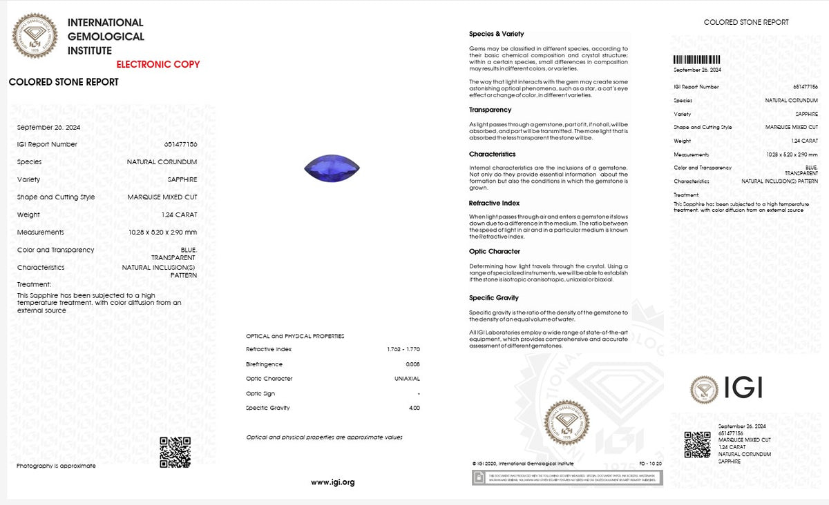IGI Certified Blue Sapphire | 1.24 Carat Marquise Mixed Cut-Saleh Sallom