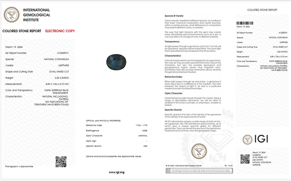 IGI Certified Unheated Dark Greenish Blue Sapphire | 2.30 Carats Oval Mixed Cut-Saleh Sallom