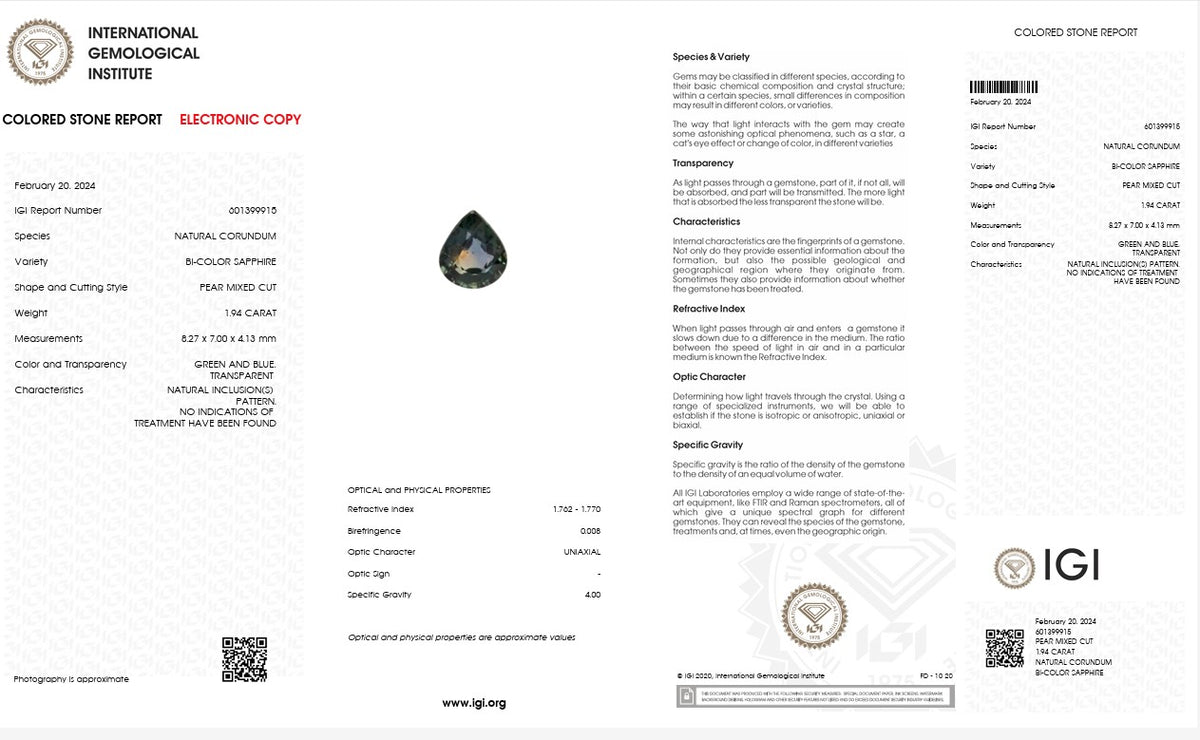 IGI Certified Natural Bi-Color Sapphire | 1.94 Carat Pear Mixed Cut | Luxury Gemstone-Saleh Sallom