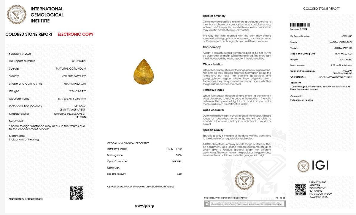 IGI Certified Natural Yellow Sapphire | 2.24 Carat Pear Mixed Cut | Luxury Gemstone-Saleh Sallom