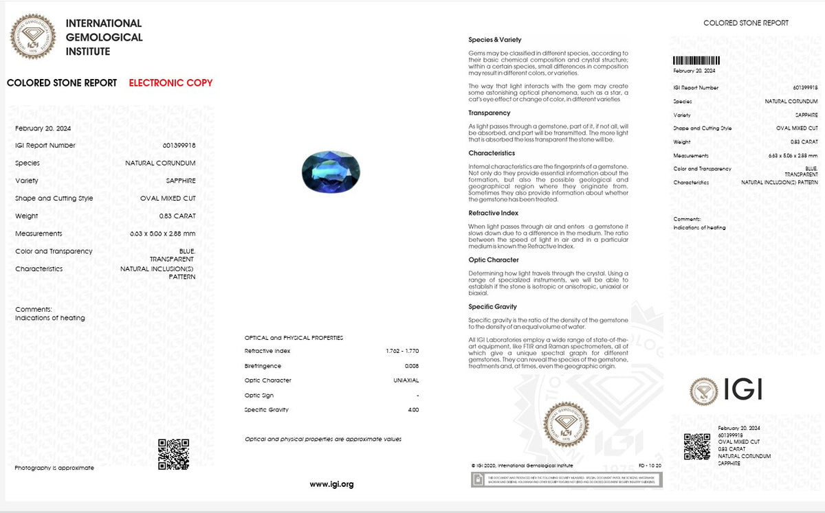 IGI Certified Heated Blue Sapphire | 0.83 Carat Oval Mixed Cut-Saleh Sallom