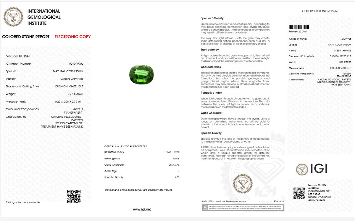 IGI Certified Natural Green Sapphire | 0.77 Carat Cushion Mixed Cut | Unheated Gemstone-Saleh Sallom