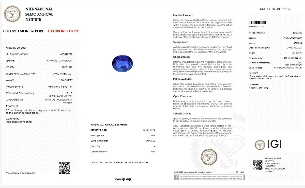 IGI Certified Natural Blue Sapphire | 1.25 Carat Oval Mixed Cut | Luxury Gemstone-Saleh Sallom