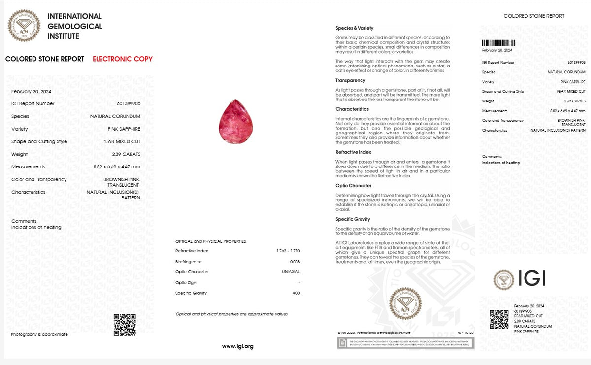 IGI Certified Natural Pink Sapphire | 2.39 Carats Pear Mixed Cut | Heated Gemstone-Saleh Sallom