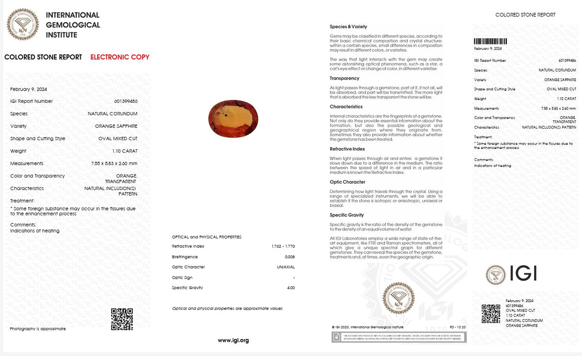 IGI Certified Natural Orange Sapphire | 1.10 Carat Oval Mixed Cut | Heated Gemstone-Saleh Sallom