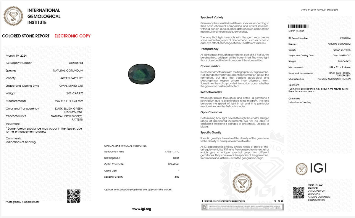 IGI Certified Natural Green Sapphire | 2.02 Carats Oval Mixed Cut | Heated Gemstone-Saleh Sallom