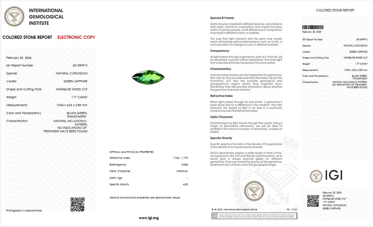 IGI Certified Natural Green Sapphire | 1.77 Carat Marquise Mixed Cut | Luxury Gemstone-Saleh Sallom