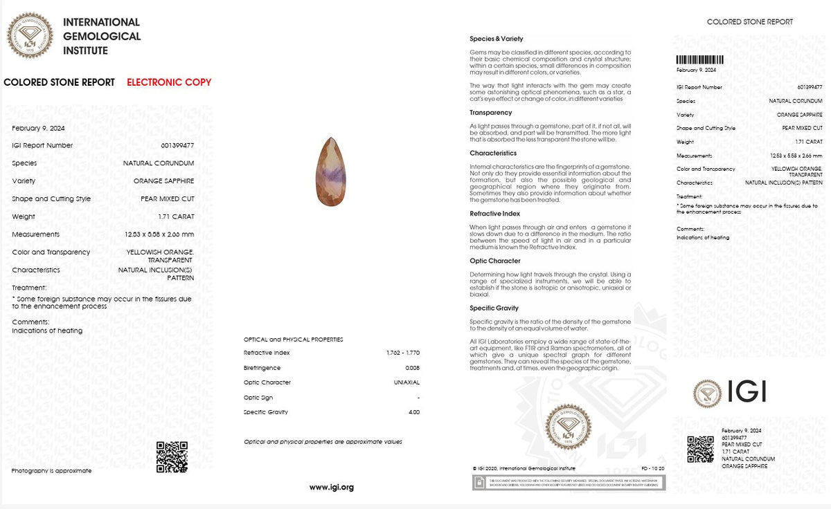 IGI Certified Natural Orange Sapphire | 1.71 Carat Pear Mixed Cut | Luxury Gemstone-Saleh Sallom