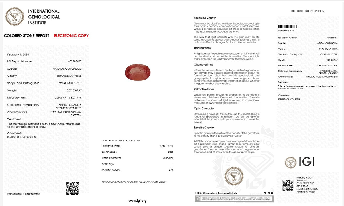 IGI Certified Natural Orange Sapphire | 0.87 Carat Oval Mixed Cut | Luxury Gemstone-Saleh Sallom