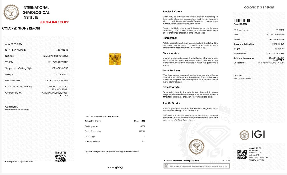 IGI Certified Natural Yellow Sapphire | 0.51 Carat Princess Cut | Orangy Yellow Heated Gemstone-Saleh Sallom