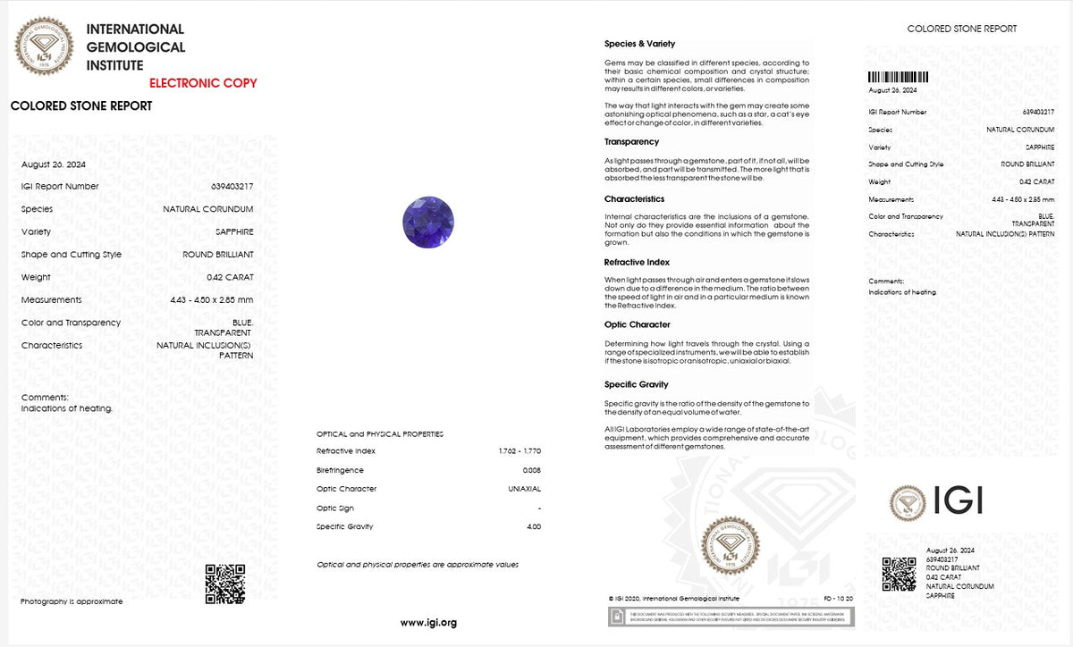 IGI Certified Natural Blue Sapphire | 0.42 Carat Round Brilliant Cut | Heated Gemstone-Saleh Sallom