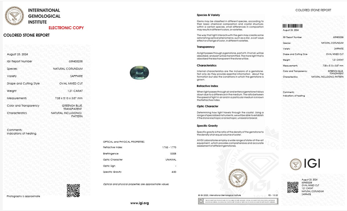 IGI Certified Natural Greenish Blue Sapphire | 1.21 Carat Oval Mixed Cut | Heated Gemstone-Saleh Sallom