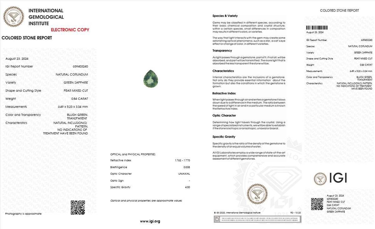 IGI Certified Natural Green Sapphire | 0.84 Carat Pear Mixed Cut | Unheated Bluish Green Gemstone-Saleh Sallom
