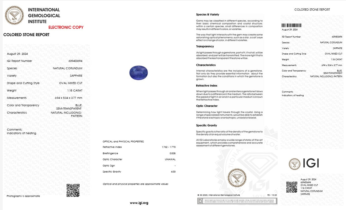 IGI Certified Natural Blue Sapphire | 1.18 Carat Oval Mixed Cut | Heated Gemstone-Saleh Sallom