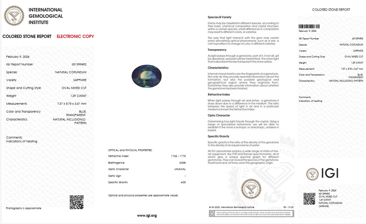 IGI Certified Natural Blue Sapphire | 1.29 Carat Oval Mixed Cut | Heated Gemstone-Saleh Sallom