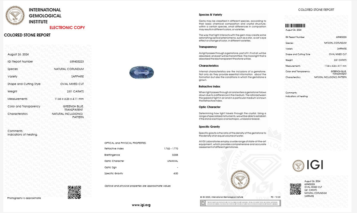 IGI Certified Natural Greenish Blue Sapphire | 2.81 Carats Oval Mixed Cut | Heated Gemstone-Saleh Sallom