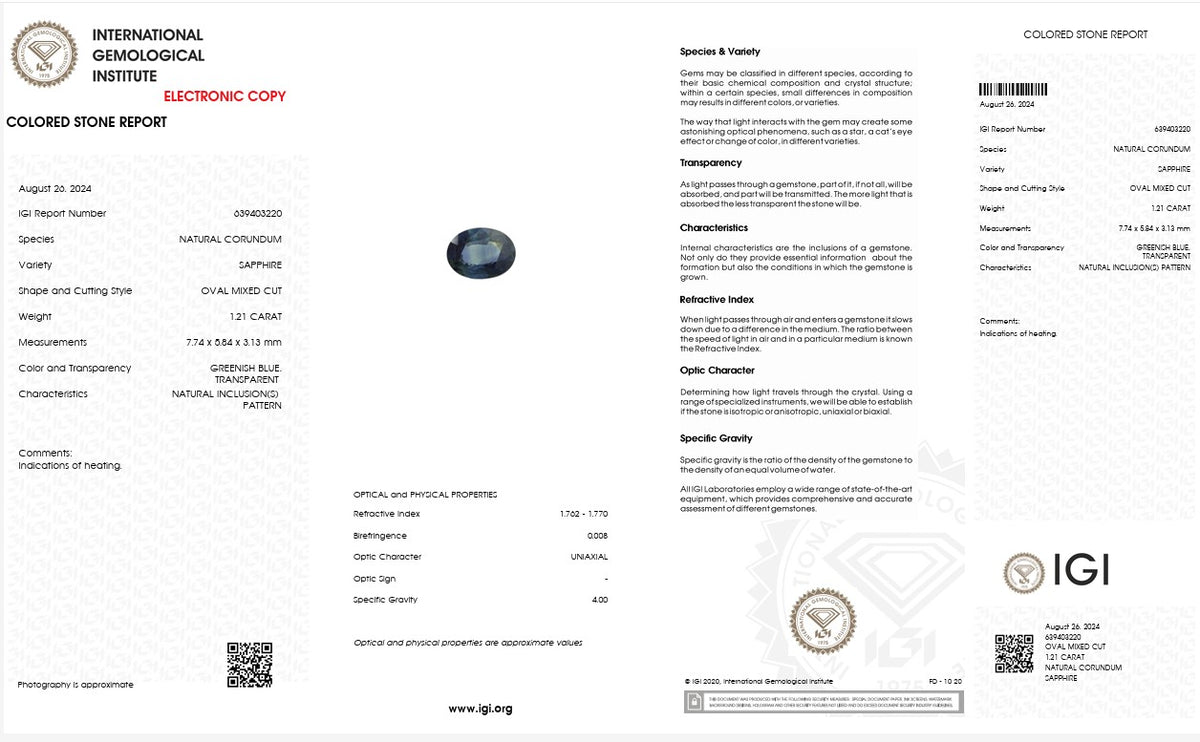 IGI Certified Natural Greenish Blue Sapphire | 1.21 Carat Oval Mixed Cut | Heated Gemstone-Saleh Sallom